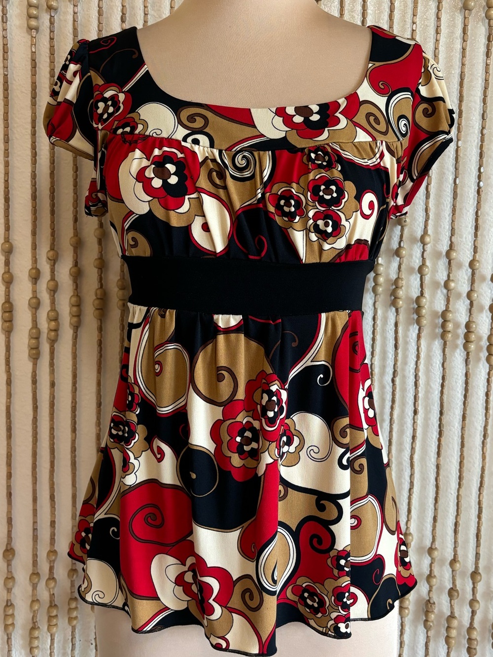 Y2K Speechless Black Red Cream Floral Swirl Waist Tie Short Sleeve Babydoll Top